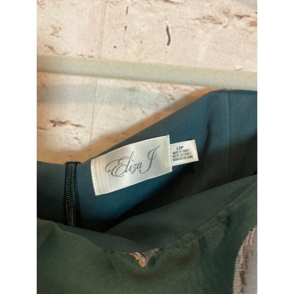 Eliza J Dress Womens 12 Petite‎ Forest Green Floral Gold Glitter Belted Party - Picture 10 of 16